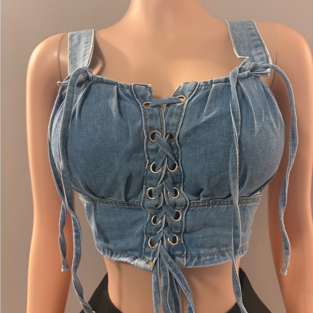 SHEIN Blue Denim Lace-Up Tank Top